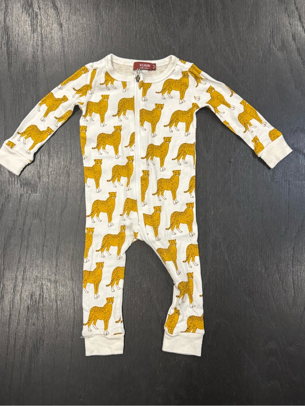 Milkbarn White and Yellow Cheetah-Print Zip Front Footie Baby 6-9 Months
